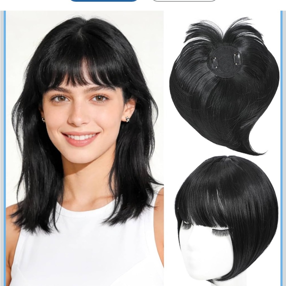 Synthetic Hair Toppers with Clip in Bangs Straight Hair Clip 360° Black, 10 Inch